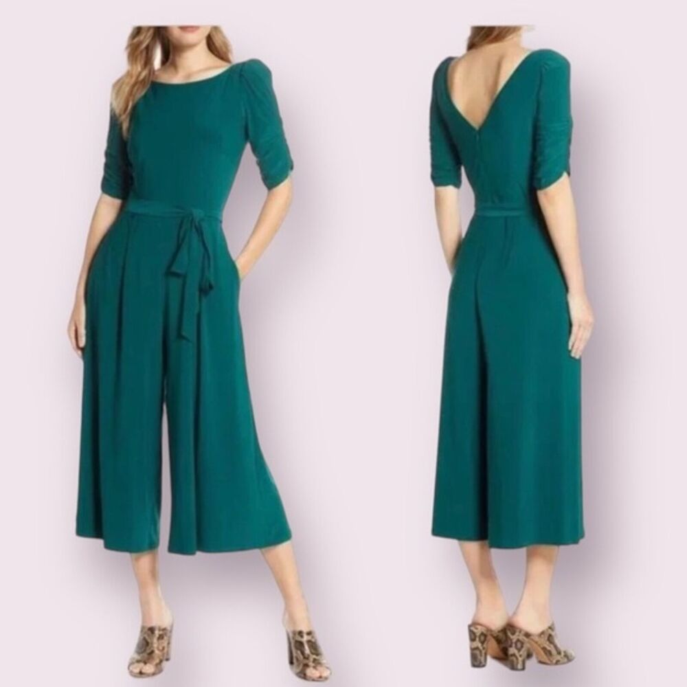 Eliza J Ruched Sleeve Jersey Crop Jumpsuit Emerald Green Sz XS